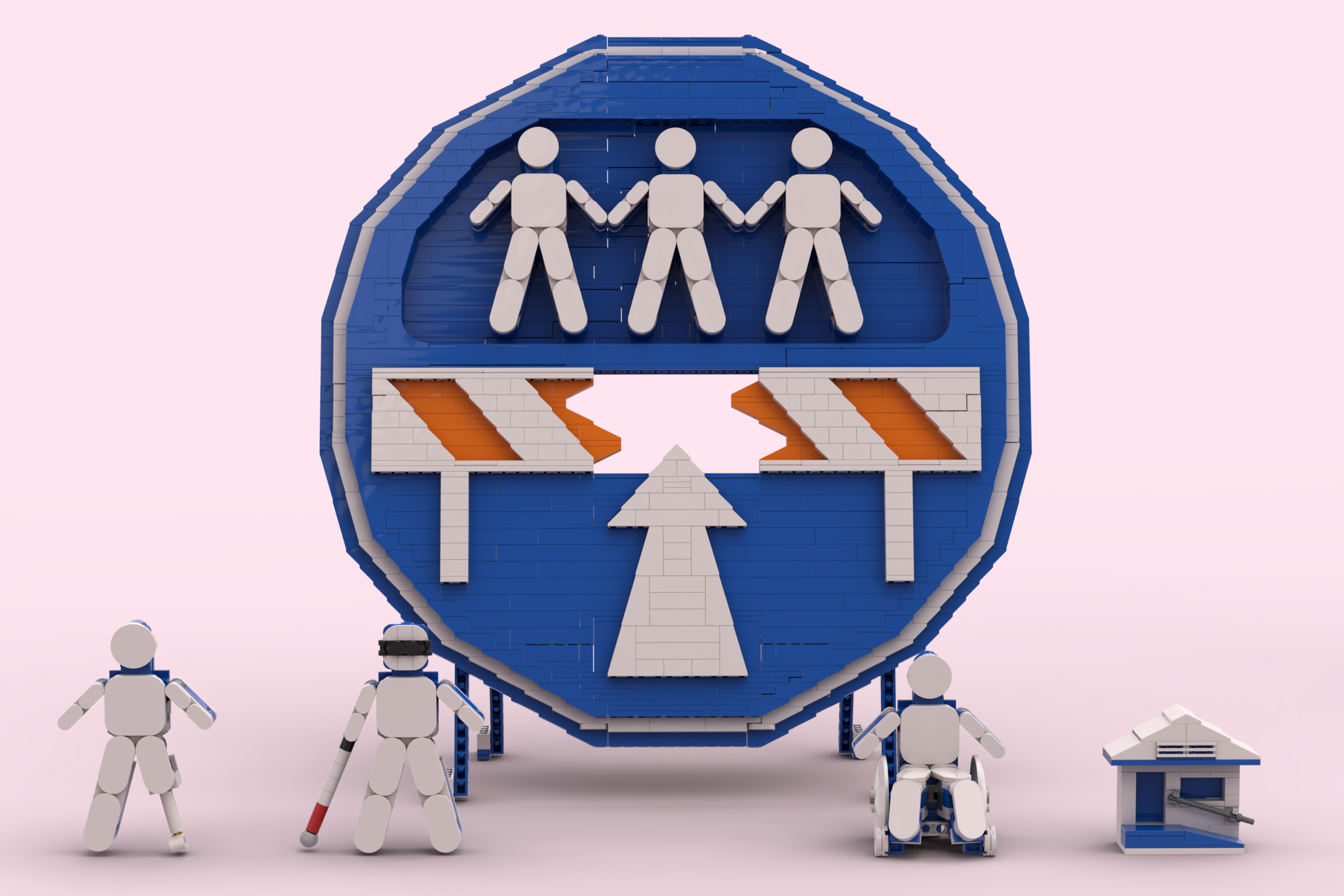 A 3-D version of the logo made with toy bricks, has extra people figures of various disabilities standing besides it.